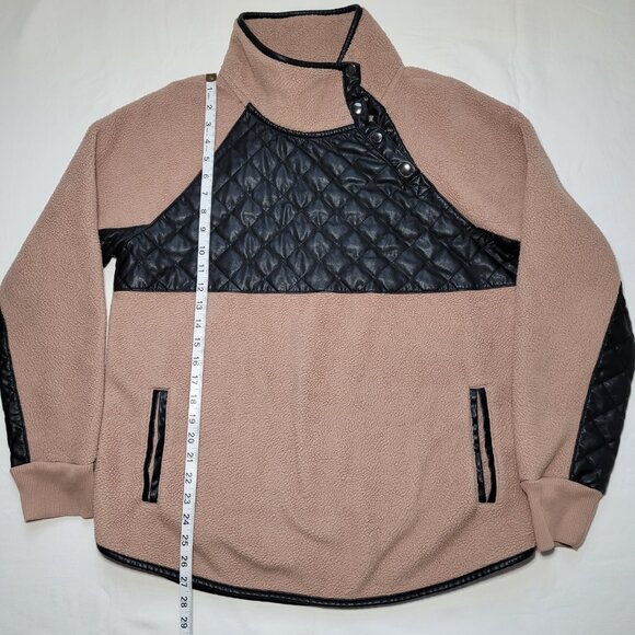 Abercrombie & Fitch Tan & Black Faux Leather Quilted Sherpa Fleece Pullover Sz L - Picture 5 of 11
